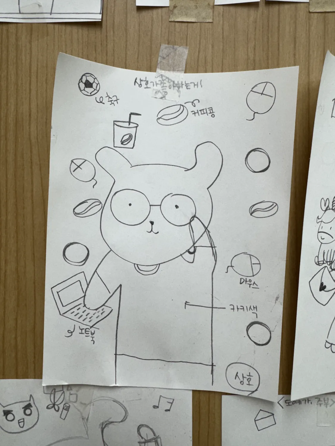 안경 쓴 누렁이와 좋아하는 것들을 그린 구상 메모